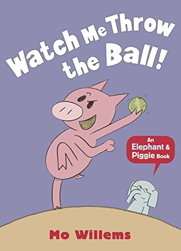 Piggie prepares to throw a ball while Gerald the elephant watches on a hill.