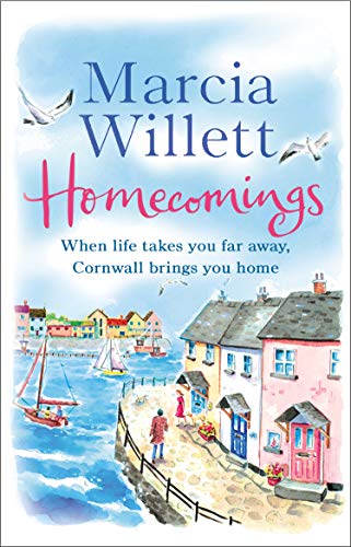 Book cover: "Homecomings" by Marcia Willett, featuring a Cornish coastal village.