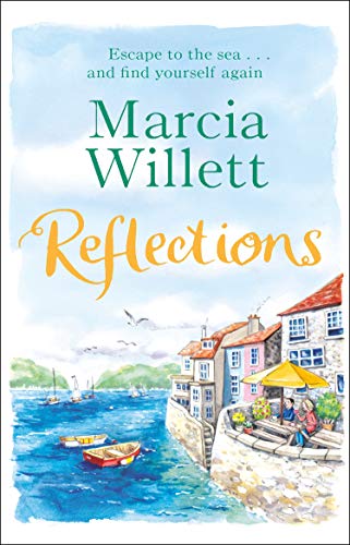 Book cover illustration showing a seaside village, boats on the water, and people dining.