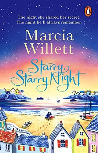 Book cover: coastal town at night, couple silhouetted on beach.