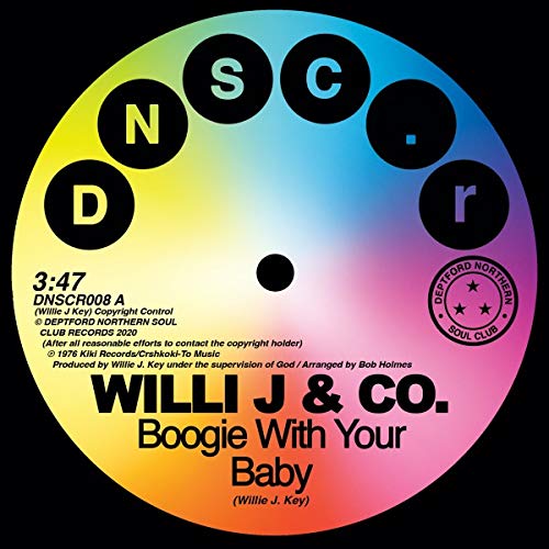 Colorful vinyl record label with black text: "Willi J & Co. Boogie With Your Baby.