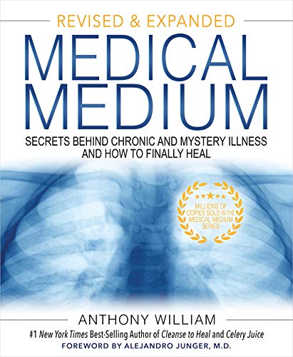 Book cover: "Medical Medium" with a blue and white X-ray background.