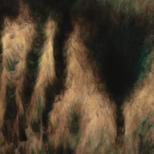 Abstract, textured artwork in shades of brown, green, and black.