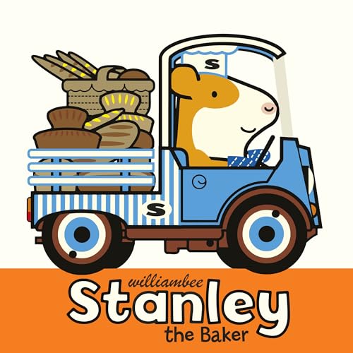 Cartoon of a bear driving a blue truck filled with baked goods.