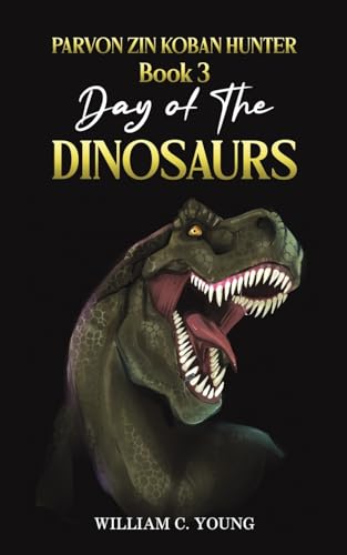 Book cover featuring a roaring green Tyrannosaurus Rex with sharp teeth.