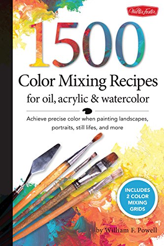 Book cover with “1500 Color Mixing Recipes” and painting tools.