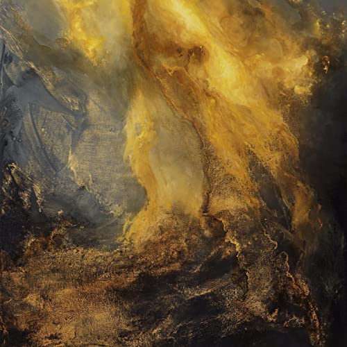 Abstract album cover with swirling gold and dark textures.
