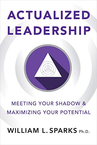 Book cover: “Actualized Leadership” with purple and white geometric design.