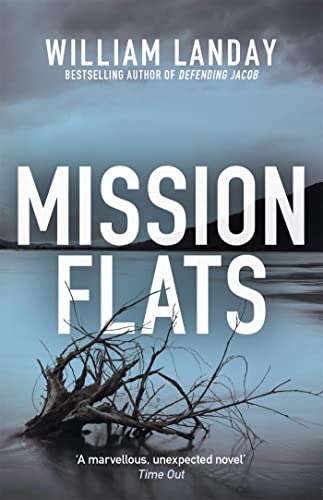 Book cover for "Mission Flats" with dark water and driftwood.