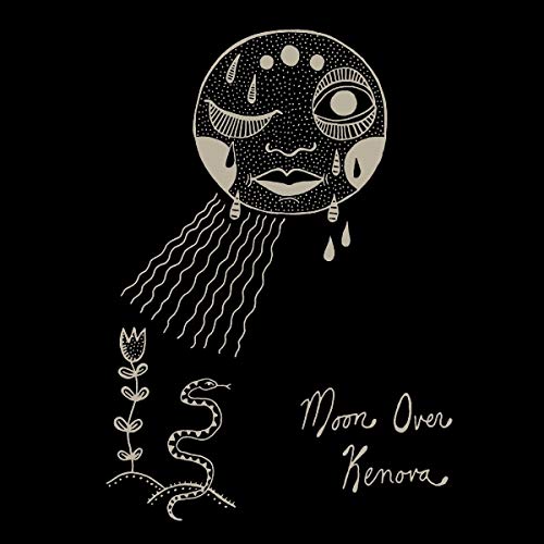 Stylized face-moon illustration with snake and flower on black background.