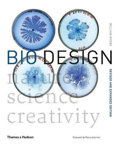 Book cover: “Bio Design” with petri dish images and blue text.