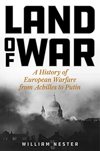 Book cover: "Land of War" with a bombed cityscape background.