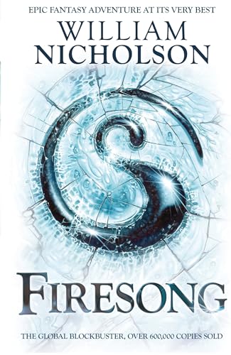 Book cover: “Firesong” by William Nicholson, with a swirling, cracked ice design.