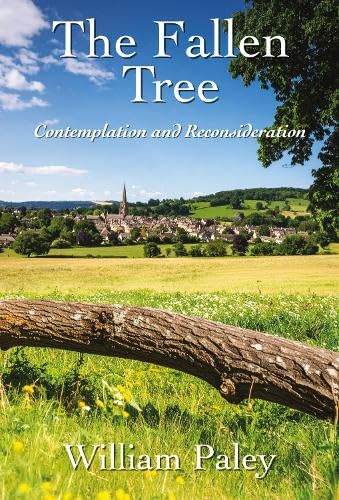 Book cover with a fallen tree branch in a grassy field and village backdrop.
