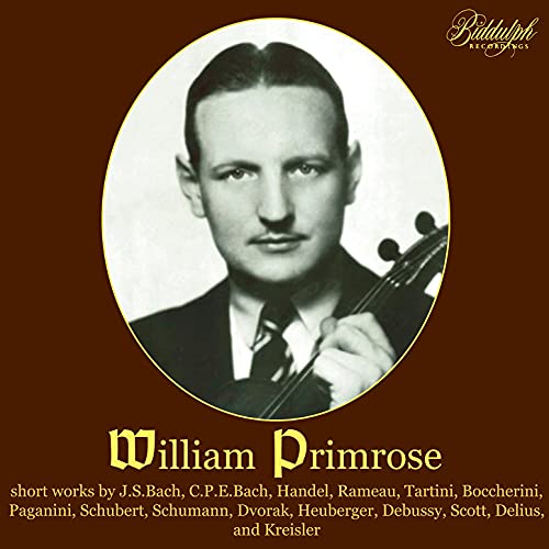 Black and white portrait of violinist William Primrose with his instrument.