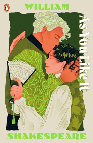 Book cover: two figures embrace amidst green foliage, text reads “As You Like It.”