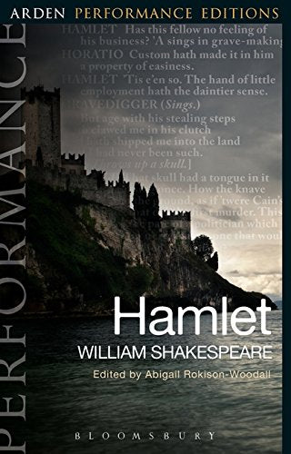 Book cover of “Hamlet” with a castle image and white text.