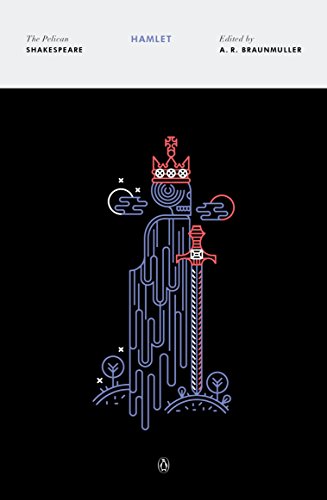 Black book cover for "Hamlet" with abstract blue and red line art.