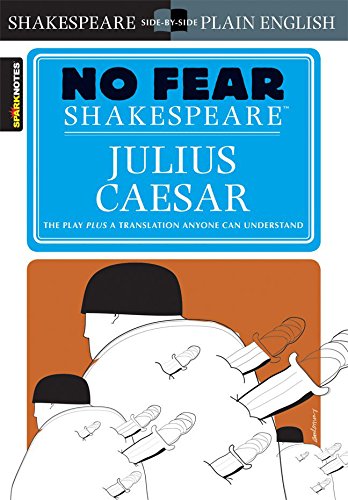 No Fear Shakespeare" edition of "Julius Caesar" book cover with illustration.