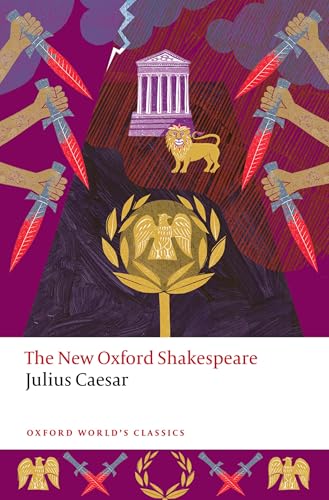 Book cover for Julius Caesar showing hands holding bloody daggers, a temple, and eagle emblem.