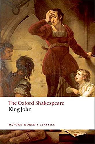 Book cover: “King John” by Shakespeare, featuring a pensive man in red.