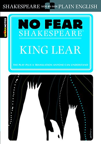 No Fear Shakespeare" King Lear book cover, blue and black abstract design.