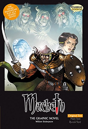 Cover art for Macbeth showing a warrior, three witches, and a woman's face.
