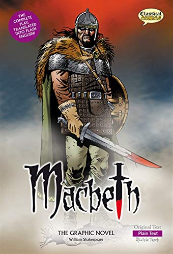 A warrior in medieval armor holds a sword on the cover of Macbeth graphic novel.
