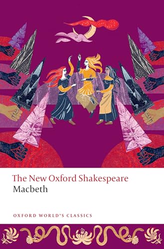 Book cover for Macbeth featuring three women dancing amidst hands holding daggers on purple.