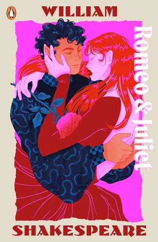 Book cover: illustrated embrace of Romeo and Juliet in vibrant colors.