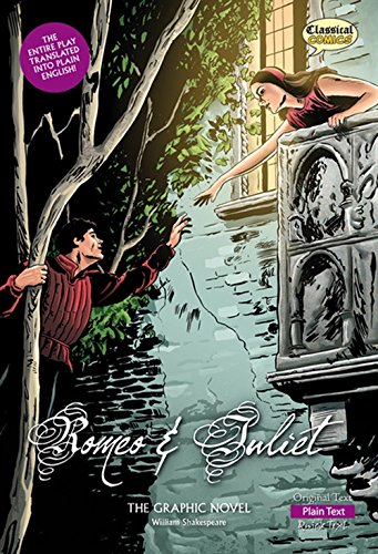 Romeo reaches up to Juliet on a balcony in this graphic novel cover illustration.