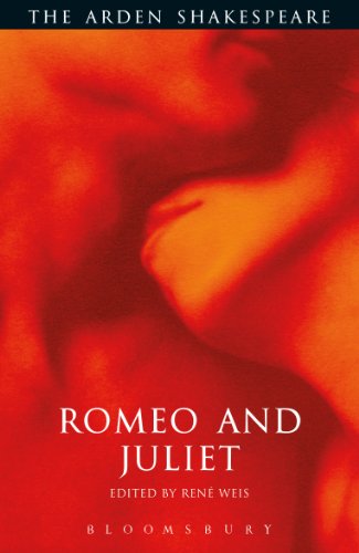 Red cover of “Romeo and Juliet” book with blurred faces.