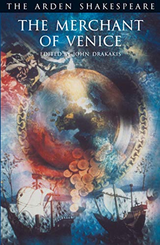 Book cover for The Merchant of Venice featuring a globe, coins, and sailing ships.