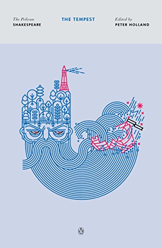 Cover of “The Tempest” with blue line art of a face, waves, and ship.