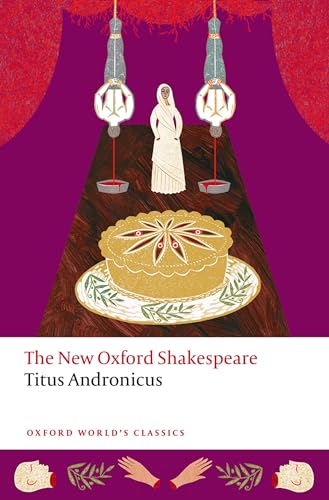 Book cover for Titus Andronicus featuring a pie, a woman, and hanging figures.
