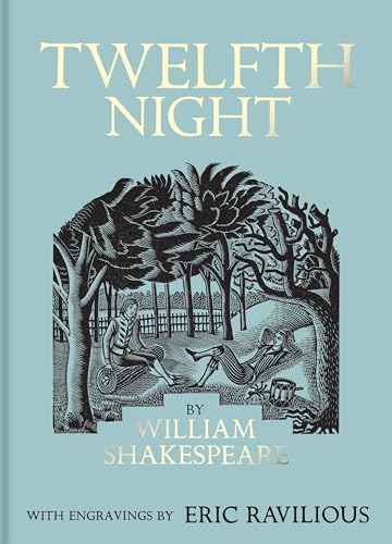 Cover of "Twelfth Night" with a woodcut-style illustration of figures in a park.