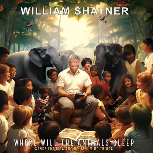 William Shatner with children and animals on album cover art.