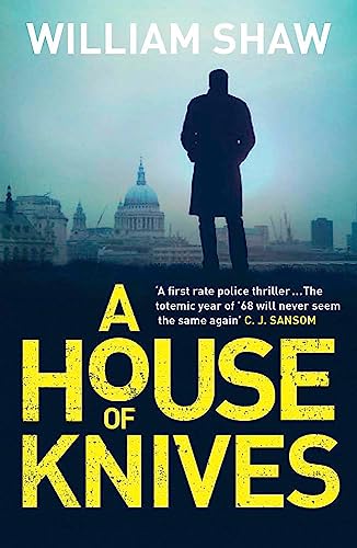 Book cover: man in coat, London skyline, bold yellow title text.