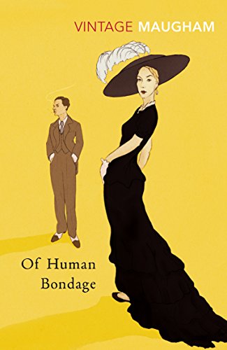Book cover with illustrated figures in vintage clothing, titled "Of Human Bondage".