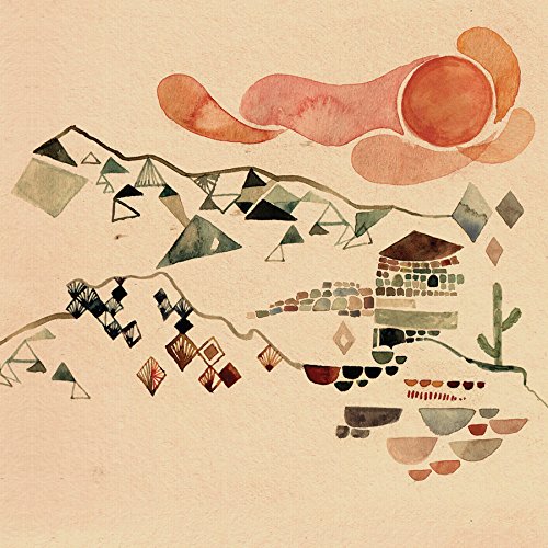 Abstract watercolor painting of a desert landscape with sun and cacti.