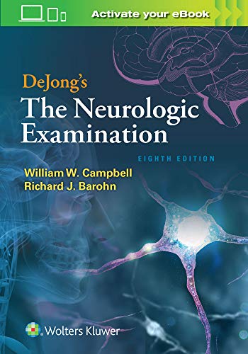 Book cover for "DeJong's The Neurologic Examination" with brain and neuron imagery.