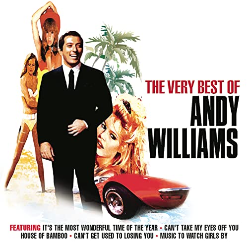 Andy Williams in a suit with women and a red car on album cover.