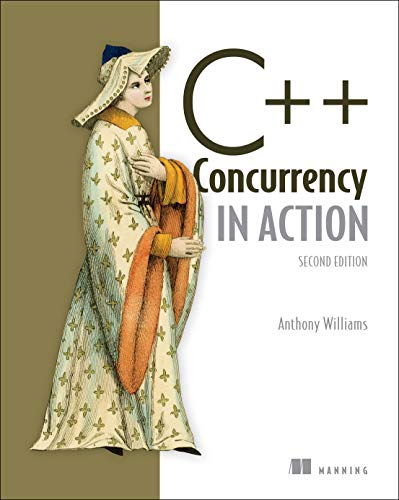 Book cover with medieval figure and title "C++ Concurrency in Action" on a white and brown background.