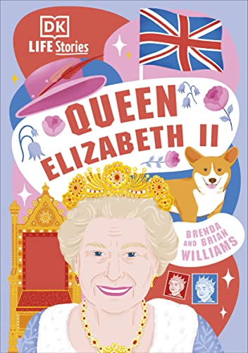 Book cover featuring Queen Elizabeth II, a crown, and a corgi.