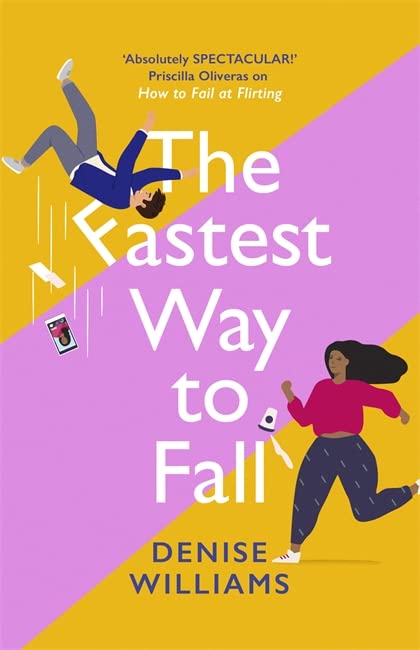 Book cover: illustrated people falling, purple and yellow background, title text.