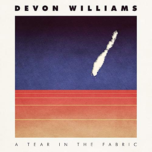 Album cover with blue, red, and beige abstract design and torn white fabric.