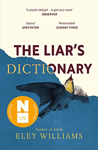 Book cover: “The Liar’s Dictionary” with a bird in flight illustration.