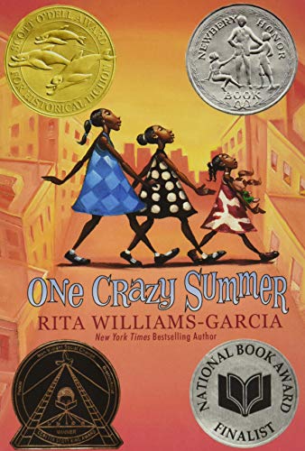 Three girls in dresses walk across a city background with four award seals displayed.