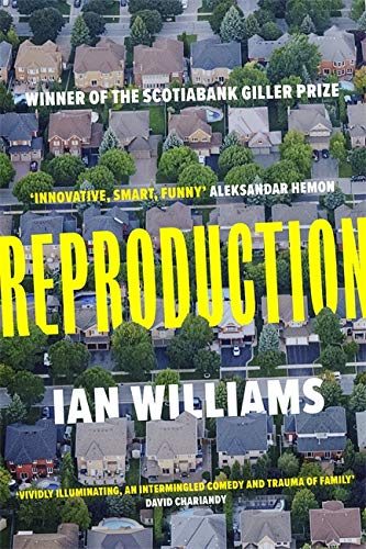 Book cover for "Reproduction" with yellow text over a suburban aerial view.