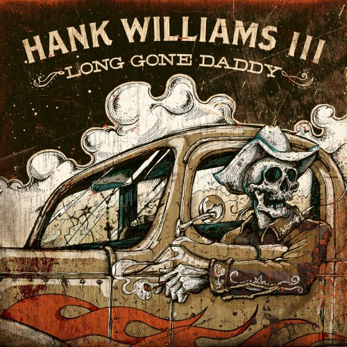 Album cover featuring a skeleton in a cowboy hat leaning out of a car.